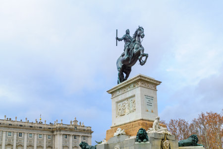 MADRID, SPAIN - DECEMBER 31, 2017: The Monument to Philip IV or Fountain of Philip IV, dated to the first half of the 19th century, in Plaza de Oriente, Madrid, Spainのeditorial素材