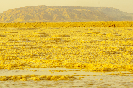Sunrise view of salt formation in the Dead Sea, and desert landscape, Southern Israelの写真素材