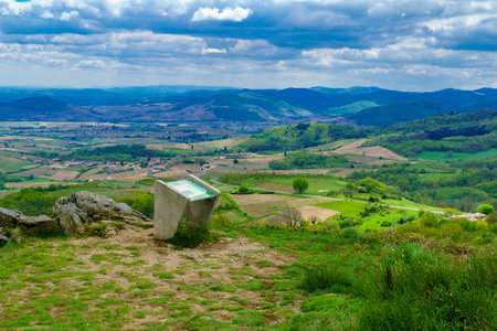 Chirourbles, France - May 06, 2019: Landscape of vineyards and countryside, and a descriptive sign, in Beaujolais, Rhone department, Franceのeditorial素材
