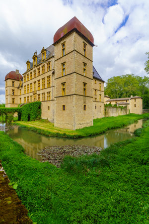 Fareins, France - May 05, 2019: View of the chateau de Flecheres and its gardens, Ain department, Franceのeditorial素材