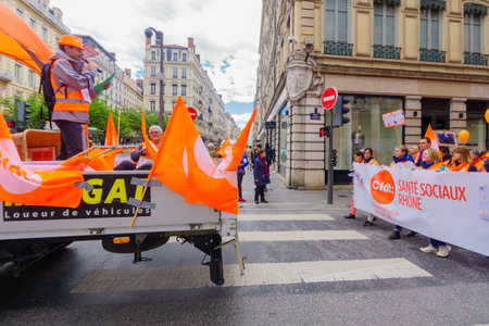 Lyon, France - May 09, 2019: Protestors about teachers and education issues march in the streets of Lyon, Franceのeditorial素材
