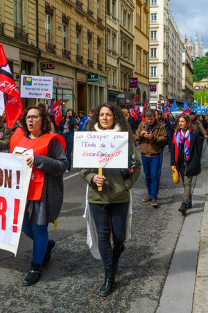 Lyon, France - May 09, 2019: Protestors about teachers and education issues march in the streets of Lyon, Franceのeditorial素材