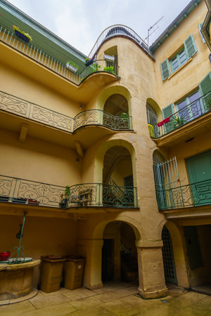 Villefranche-sur-Saone, France - May 04, 2019: View of an historic staircase in Villefranche-sur-Saone, Beaujolais, Rhone department, Franceのeditorial素材