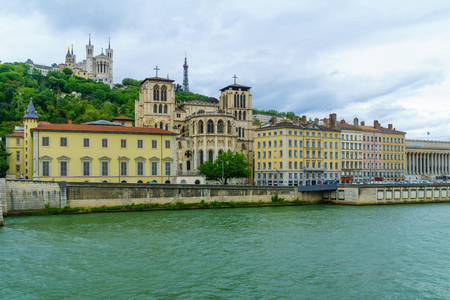 View of the Saone river and old city, with the Saint-Jean cathedral, and Notre-Dame basilica, in Lyon, Franceの写真素材