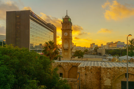 Haifa, Israel - June 24, 2019: Sunset view of the downtown, with the Great (Al Jarina) Mosque, in...