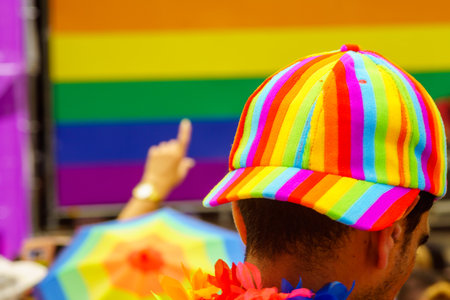 Haifa, Israel - June 28, 2019: Colorful hat and the crowd in the annual pride parade of the LGBT community, in the streets of Haifa, Israelのeditorial素材