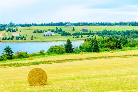 View of countryside and haystacks near French River, Prince Edward Island, Canadaの写真素材