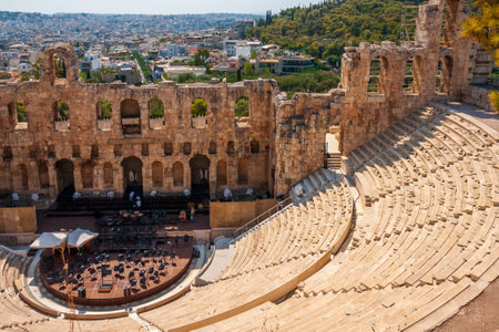 Athens, Greece - September 26, 2011: View of the Odeon of Herodes Atticus (also called Herodeion). It is a stone theatre structure located on the southwest slope of the Acropolis of Athens, Greeceのeditorial素材