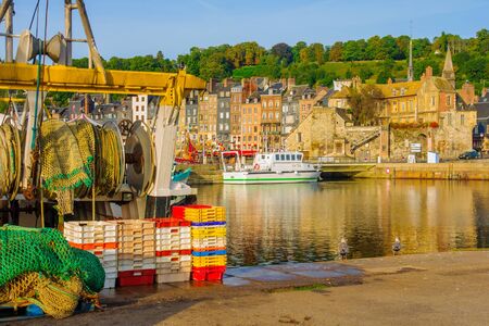 Scene of Vieux Port (Old Harbor), houses and boats in Honfleur, France Honfleur is located in Calvados, Normandy. It is famous for its old portの写真素材