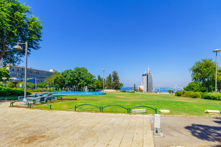 Haifa, Israel - August 22, 2019: View of the Gan HaZikaron (memorial garden), with the downtown and the port in the background, in Haifa, Israelのeditorial素材