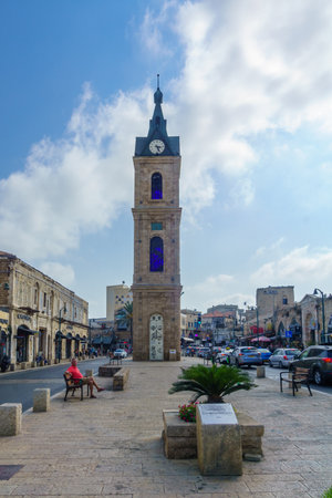 Tel-Aviv, Israel - September 19, 2019: View of the Clock tower in the old city of Jaffa, with Locals and visitors. Now part of Tel-Aviv-Yafo, Israelのeditorial素材