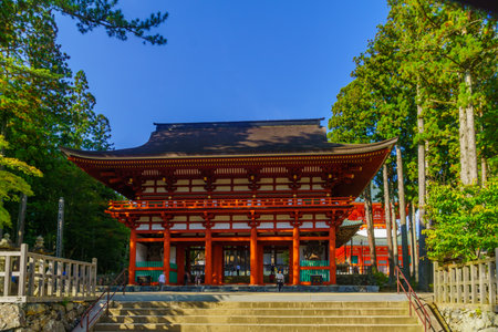 Koyasan, Japan - October 7, 2019: View of the Chumon Gate, with visitors, in Mount Koya (Koyasan), Japanのeditorial素材