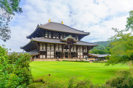Nara, Japan - October 5, 2019: View of the Todaiji Buddhist temple main hall, with visitors, in Nara, Japanのeditorial素材