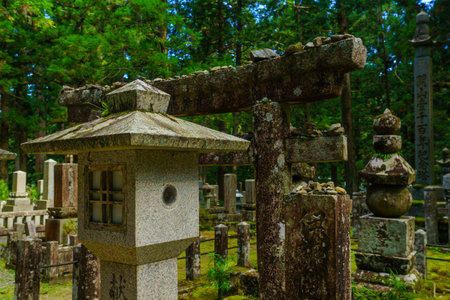 Koyasan, Japan - October 7, 2019: View of graves in the Okunoin Cemetery, Mount Koya (Koyasan), Japanのeditorial素材