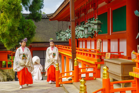 Nara, Japan - October 5, 2019: Traditional wedding ceremony in the Kasuga Taisha Shrine, in Nara, Japanのeditorial素材