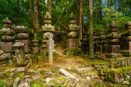 Koyasan, Japan - October 7, 2019: View of graves in the Okunoin Cemetery, Mount Koya (Koyasan), Japanのeditorial素材