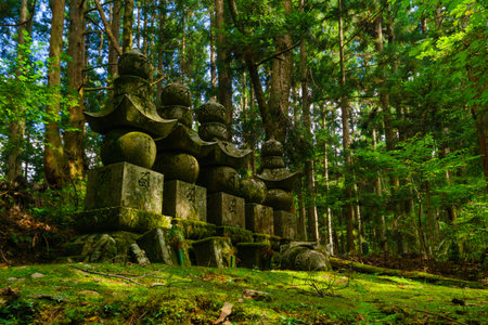 Koyasan, Japan - October 7, 2019: View of graves in the Okunoin Cemetery, Mount Koya (Koyasan), Japanのeditorial素材
