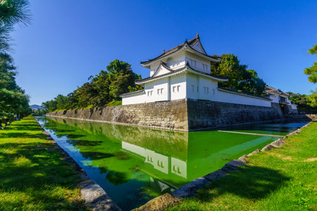 Kyoto, Japan - October 9, 2019: View of the Nijo Castle moat and walls, with visitors, in Kyoto, Japanのeditorial素材