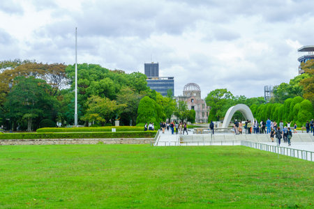 Hiroshima, Japan - October 12, 2019: View of the Peace Memorial Park, with visitors, in Hiroshima, Japanのeditorial素材