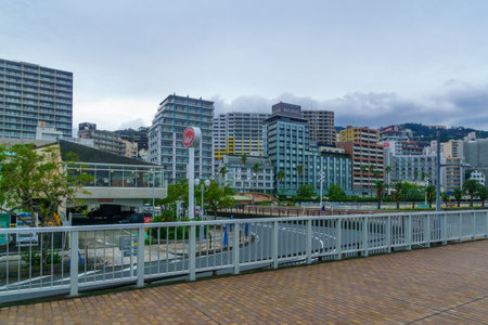 Atami, Japan - October 18, 2019: View of the city from the beach promenade, in Atami, Izu Peninsula, Japanのeditorial素材