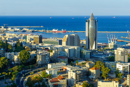 Haifa, Israel - November 30, 2019: View of the Hadar HaCarmel neighborhood, the downtown and the port, in Haifa, Israelのeditorial素材