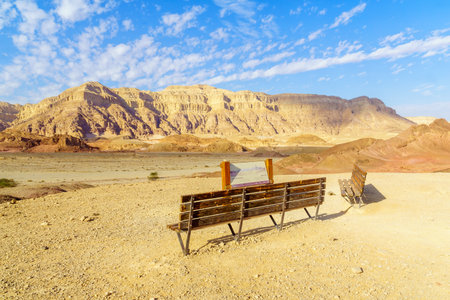 Timna, Israel - January 16, 2020: View of the Timna Valley Viewpoint, with an explanation sign. Part of the Timna Park, Arava desert, southern Israelのeditorial素材