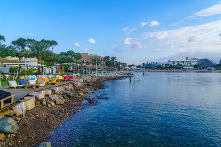 Eilat, Israel - January 19, 2020: View of the coastline, promenade and hotels, with visitors. Eilat is the southernmost city in Israelのeditorial素材