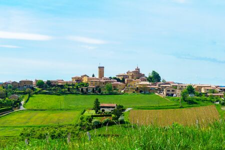 Landscape of vineyards and countryside in Beaujolais, with the village Oingt. Rhone department,...