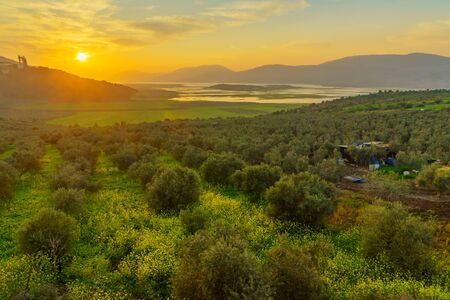 Sunset view of landscape and countryside in winter, the Netofa Valley, the Galilee, Israel