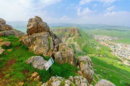 Landscape view from Mount Arbel of Mount Nitay, with a warning sign, Northern Israelの写真素材