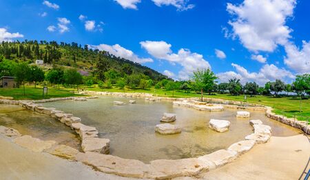 Panoramic view of a wading pool in Maayan Harod National Park, and the slopes of Mount Gilboa. Northern Israelの写真素材
