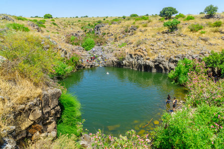 Qatsrin, Israel - May 12, 2020: View of the Zavitan hexagonal pillars pool, with visitors bathing, in Yehudiya Forest Nature Reserve, the Golan Heights, Northern Israelのeditorial素材