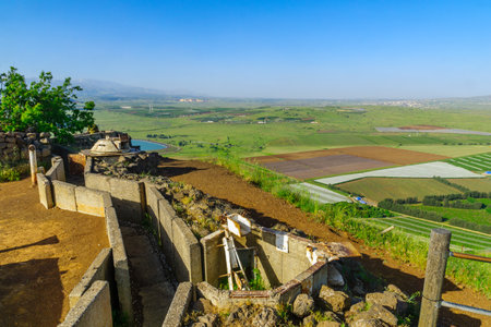 Merom Golan, Israel - May 12, 2020: The Mount Bental old bunker and the Golan Heights landscape, Northern Israel, and Syriaのeditorial素材