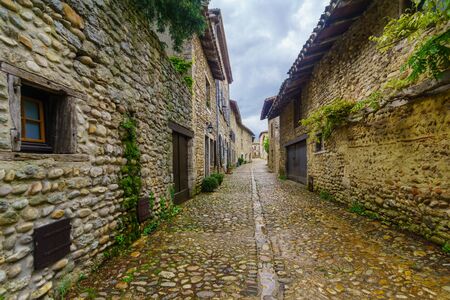 View of an alley in the medieval village Perouges, Ain department, Franceの写真素材