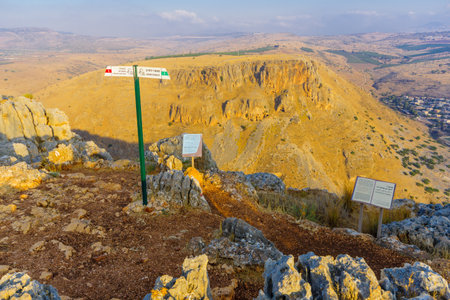 Arbel, Israel - August 14, 2020: View landscape and Mount Nitay from Mount Arbel National Park, with...