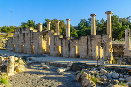 View of the propyleum (monumental gateway), in the ancient Roman-Byzantine city of Bet Shean...