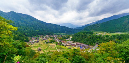View of Ogimachi village with traditional gassho-zukuri farmhouses, in Shirakawa-go, Ono, Japanのeditorial素材