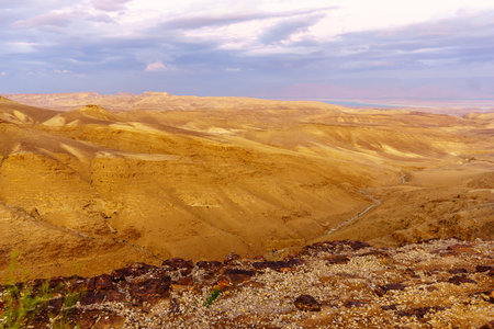 Sunset view of the Judaean Desert and the Dead Sea, from Moab viewpoint, Southern Israelの写真素材