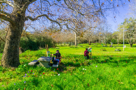 HaGoshrim, Israel - February 09, 2021: View of painters, colorful Anemone wildflowers, and trees, in Horshat Tal National Park, Hula Valley, Northern Israelのeditorial素材