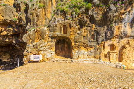 Snir, Israel - February 09, 2021: View of the remains of the Shrine and Cave of Pan, in the Hermon Stream (Banias) Nature Reserve, Upper Galilee, Northern Israelのeditorial素材