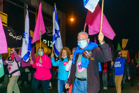Haifa, Israel - March 17, 2021: Protest rally against Prime minister Benjamin (Bibi) Netanyahu, with submarine model, in Haifa, Israelのeditorial素材