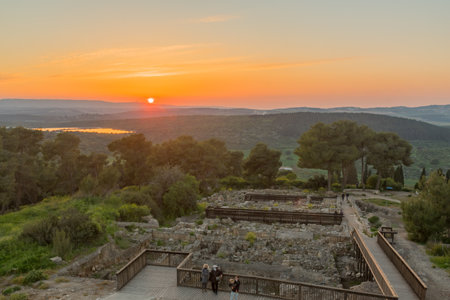 Tzipori, Israel - March 29, 2021: Sunset view of ancient ruins in Tzipori National Park, with visitors and landscape, Northern Israelのeditorial素材