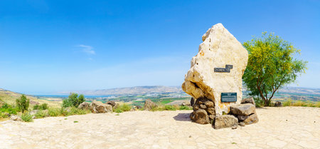 Menahamiya, Israel - April 21, 2021: Monument to prime minister Levi Eshkol, and panoramic view of the Sea of Galilee and the Lower Jordan River valley. Northern Israelのeditorial素材