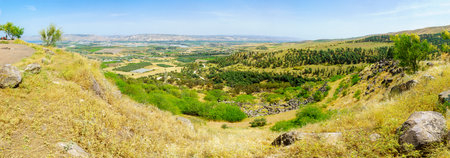 Menahamiya, Israel - April 21, 2021: Panoramic view of the Sea of Galilee and the Lower Jordan River valley, with visitors. Northern Israelのeditorial素材