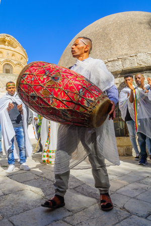 Jerusalem, Israel - May 01, 2021: Paschal Vigil (Easter Holy Saturday) dance of the Ethiopian...