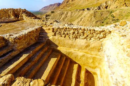 View of an ancient water reservoir in Qumran, North West of the Dead Sea, Southern Israel