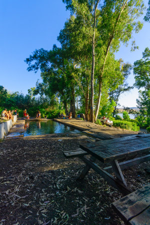 Gadot, Israel - June 02, 2021: View of Ein Almin (the officers pool), with visitors, on the slopes of the Golan Heights, Northern Israelのeditorial素材