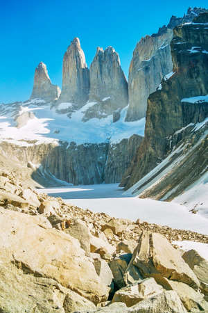 View of the Towers of Paine and Paine Horns, in Torres del Paine National Park, Patagonia, Chileの写真素材