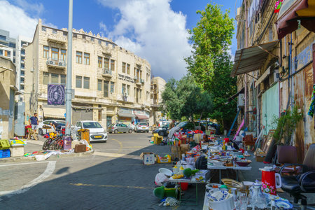Haifa, Israel - June 11, 2021: Scene of the flea market, with sellers and shoppers, in downtown Haifa, Israelのeditorial素材