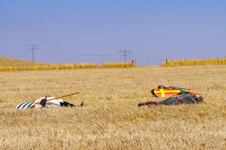 Lavi, Israel - July 02, 2021: Re-enactment of the 1187 Battle of the Horns of Hattin (Ayyubid sultan Saladin defeated the crusaders): Crusader casualties. Horns of Hattin, Israelのeditorial素材